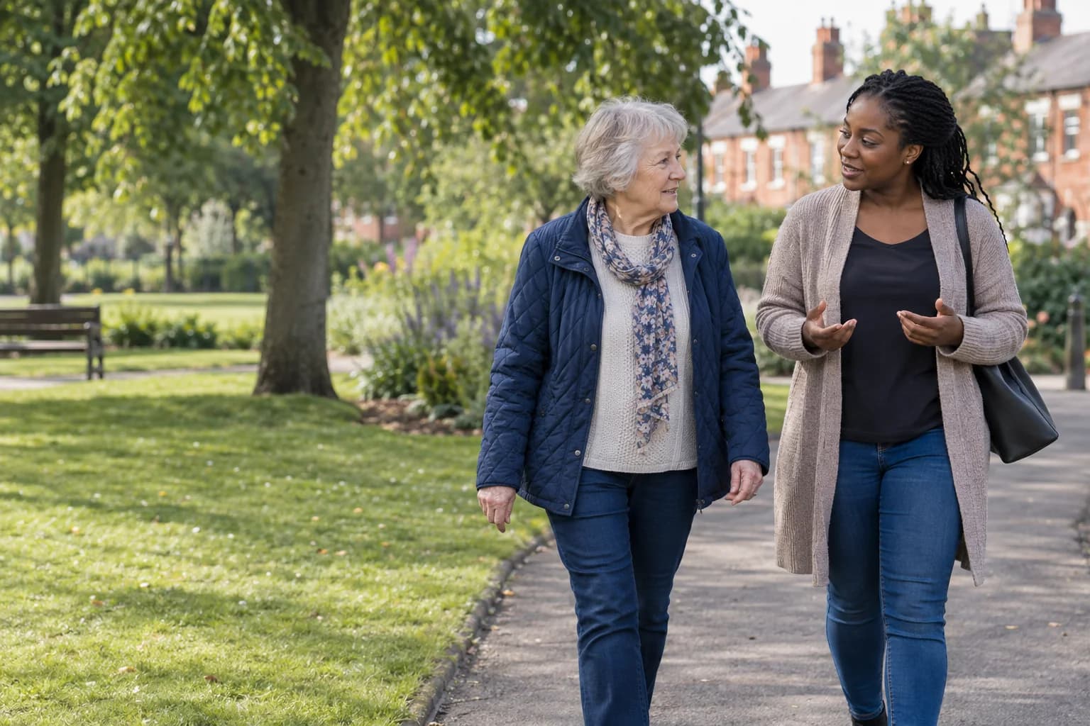 A support worker and an older woman walking and talking together in a neighbourhood park
