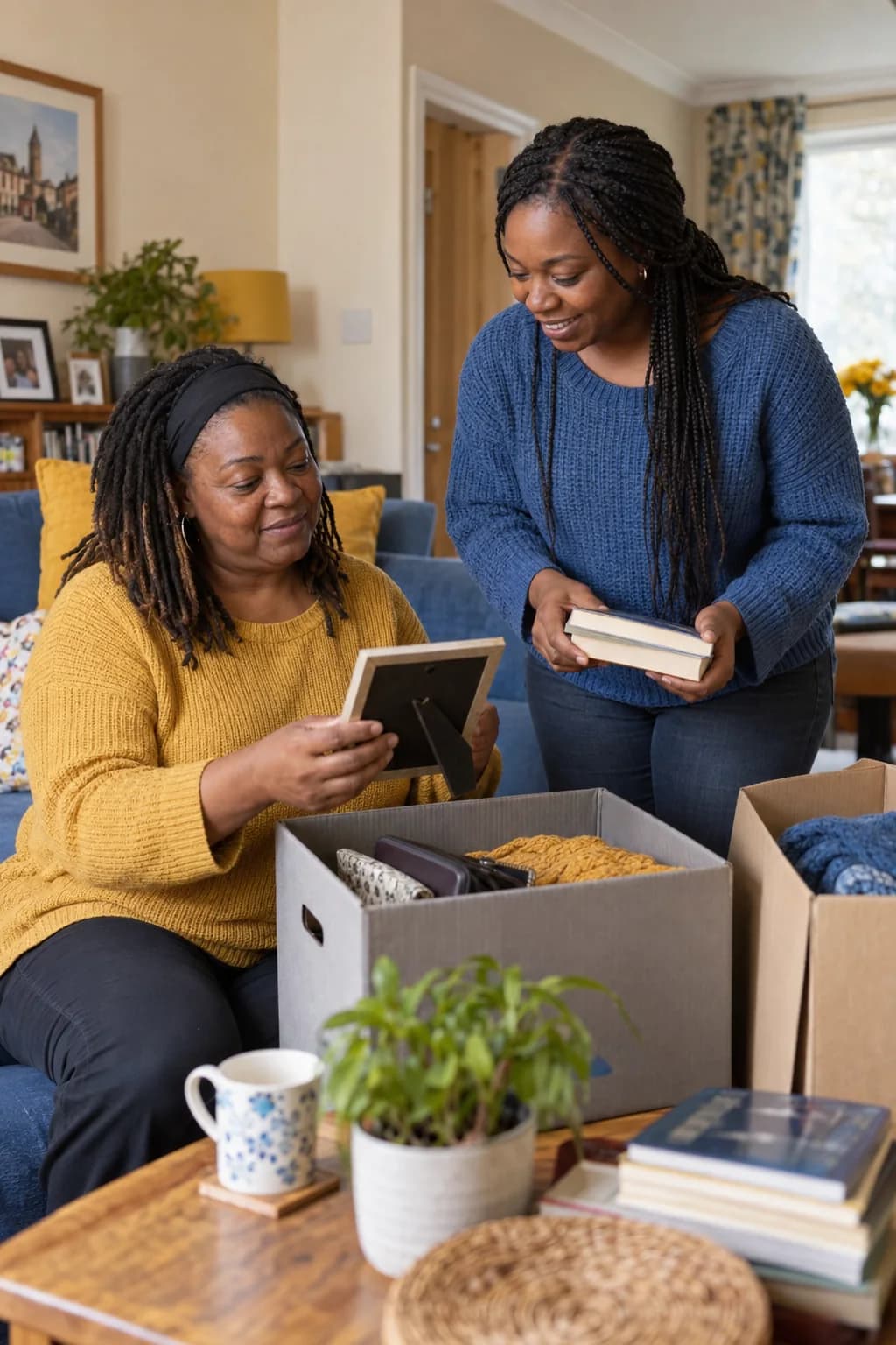 A support worker and a woman calmly organising belongings together at home